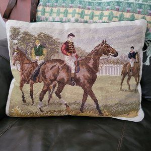 Vintage English Jockeys Horse Equine Rider Needlepoint Pillow Petit-Point Faces